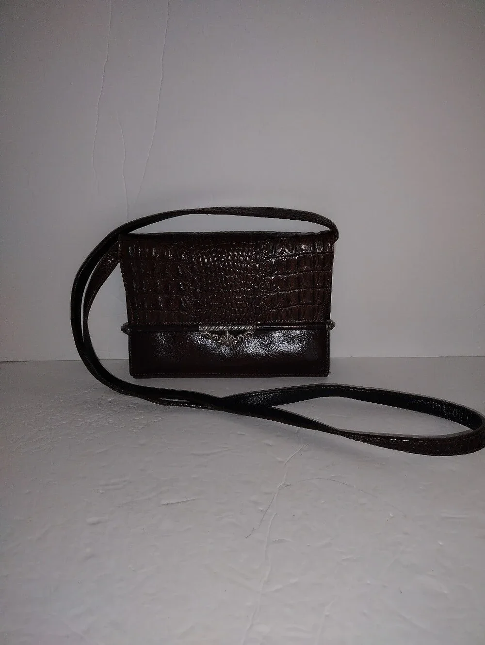 Vintage Brighton Brown Leather Croc Crossbody Bag Western Rodeo Indie Boho